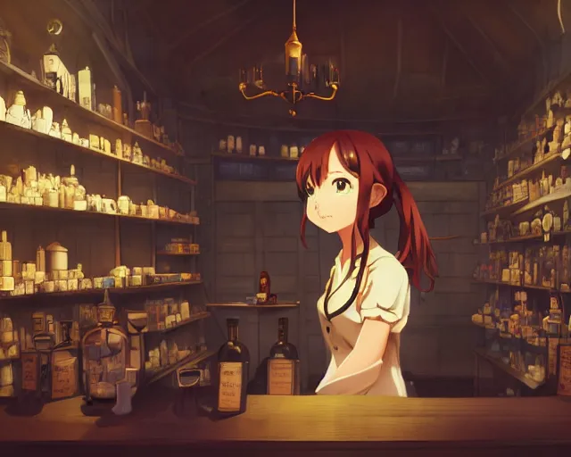 Image similar to anime visual, portrait of a young female traveler in a alchemist's potion shop interior, cute face by yoh yoshinari, katsura masakazu, cinematic luts, cold studio lighting, dynamic pose, dynamic perspective, strong silhouette, anime cels, ilya kuvshinov, cel shaded, crisp and sharp, rounded eyes