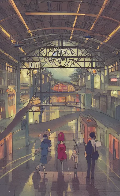 Image similar to train station, rainy day, anime, japan, ghibli, 9 0 s, retro style, aesthetic, chill, room