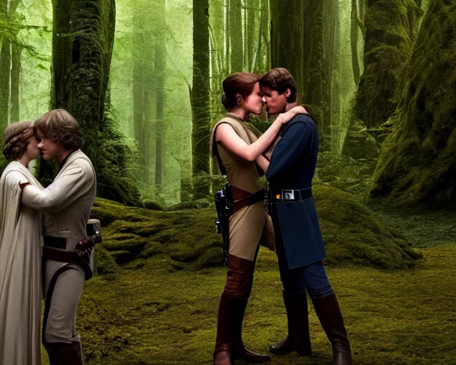Image similar to luke skywalker, princess leia and han solo hugging and kissing in the forest of endor in a modern remake of return of the jedi