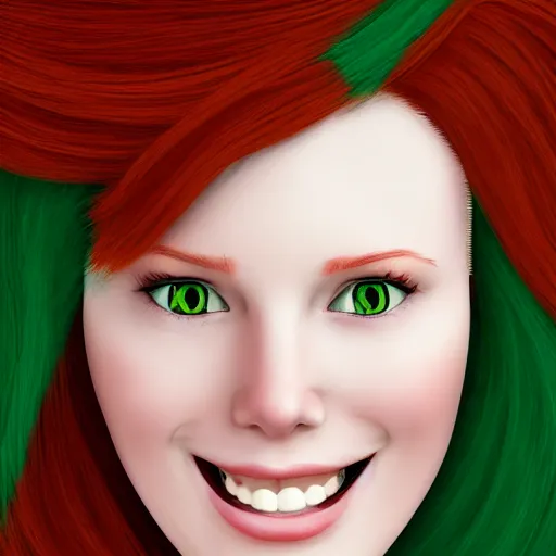 Image similar to a smiling woman with red hair, green eyes, dimples, and rosy cheeks, digital art