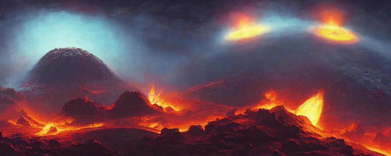 Image similar to ” outer planet with erupting volcanoes, [ art by paul lehr, cinematic, detailed, epic, widescreen, opening, establishing, mattepainting, photorealistic, realistic textures, octane render ] ”