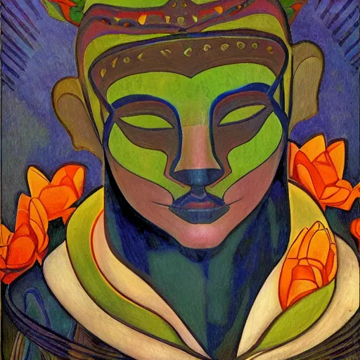 Image similar to head of a beautiful boy wearing a mask made of flowers, by diego rivera and john watkiss and annie swynnerton, art deco shaman, stylized flowers, art brut, symbolist, dramatic cinematic lighting, god rays, iridescent beetles, clean crisp graphics, smooth sharp focus, extremely detailed