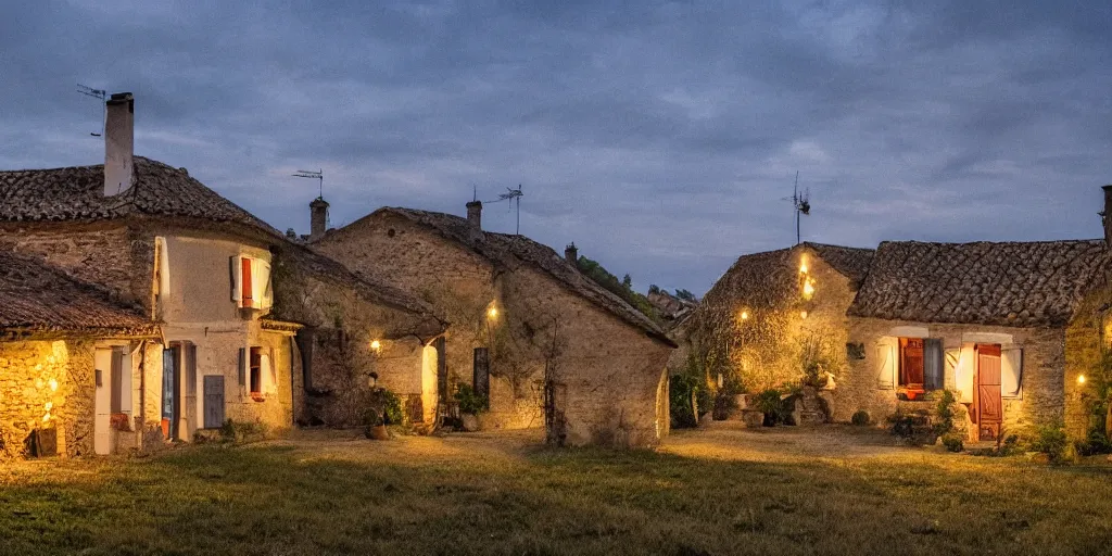 Prompt: a beautiful photo of a house in a village in france during blue hour