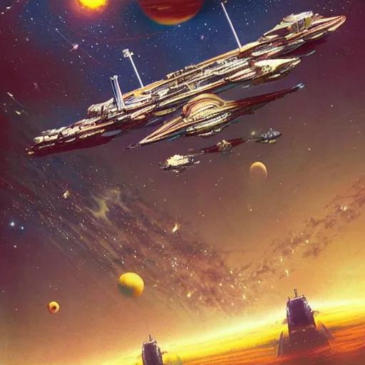 Prompt: Among planets, stars and galaxies, an armada of gigantic very long spaceships travels at light speed, detailed, artstation, Chris Foss,