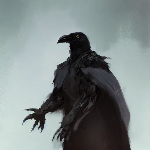 Image similar to digital art painting of an anthropomorphic!!! black crow!!! wearing wizard robes!!!, dnd portrait painted by craig mullins and gaston bussiere and greg rutkowski