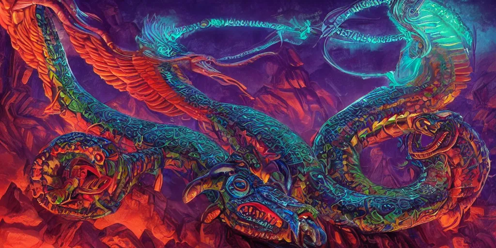 Image similar to Quetzalcoatl  the feathered serpent deity by Liam Wong and Boris Vallejo