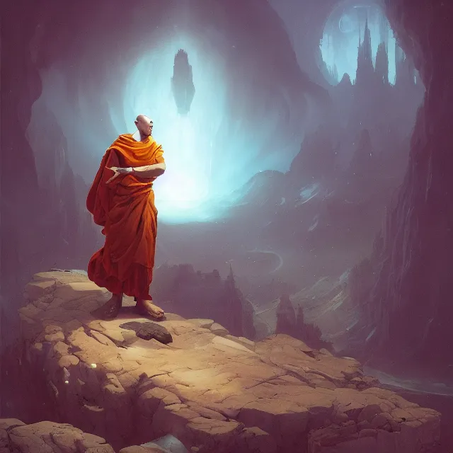 Image similar to in the style of peter mohrbacher, a glowing monk floating and meditating on a rock, dystopian landscape, intricate, masterpiece, award winning, fantasy, hyperrealism intricate