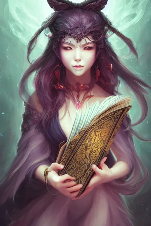 Image similar to gorgeous!!! hyper - realstic sorceress with a kitsune mask, holding a tattered book, casting a spell | drawn by wlop, drawn by jeehyung lee, drawn by artgerm | intricate, highly detailed, digital painting, character design, concept art, illustration, artstation