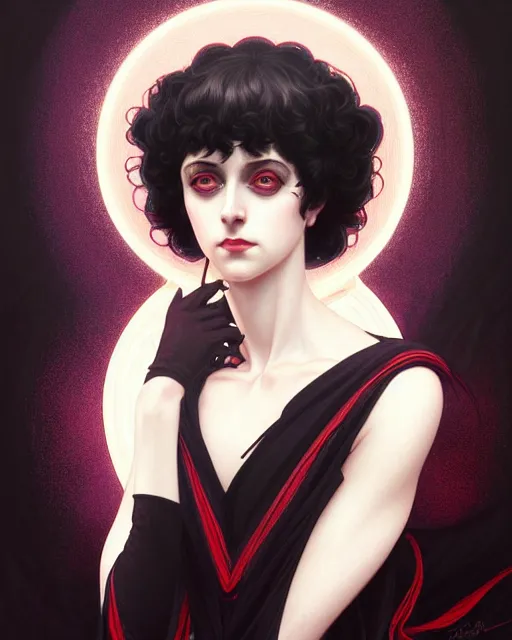 Prompt: symmetry portrait of lydia deetz, glam, gothic, glowing skin intricate, elegant, highly detailed, digital painting, artstation, concept art, smooth, sharp focus, illustration, art by artgerm and greg rutkowski and fra angelico and alphonse mucha