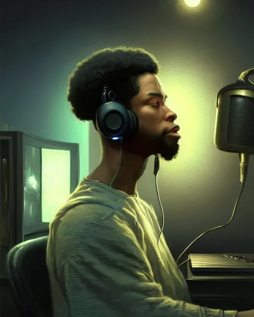 Image similar to light skin black man with headphones at his home studio producing music late at night, very detailed, 4 k, concept art like ernest khalimov, intricate details, highly detailed by greg rutkowski, ilya kuvshinov, gaston bussiere, craig mullins, simon bisley