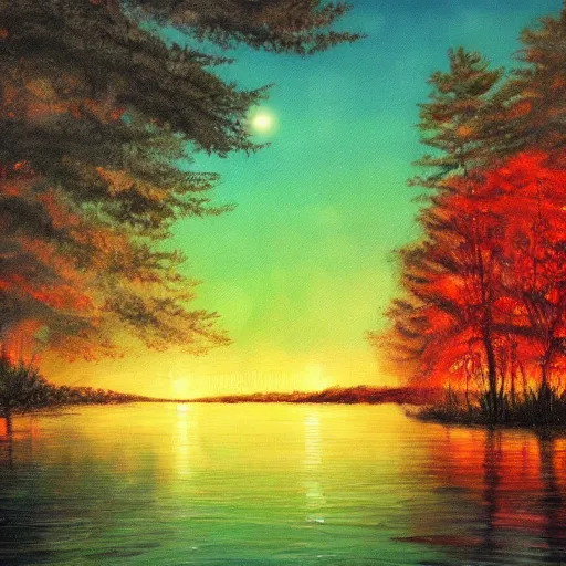 Prompt: lake, trees, night, fireflies glowing above water, painting, concept art,