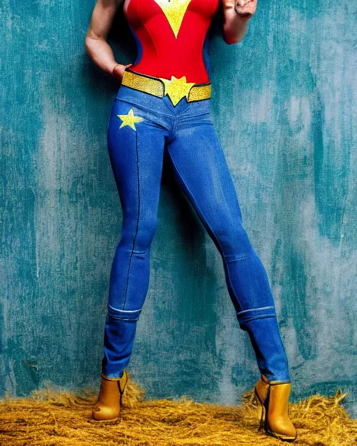 Image similar to a Chimpanzee, dressed as Wonder Woman, is wearing tight fit Blue Jean pants and wearing a blonde wig, photographed in the style of Annie Leibovitz, photorealistic