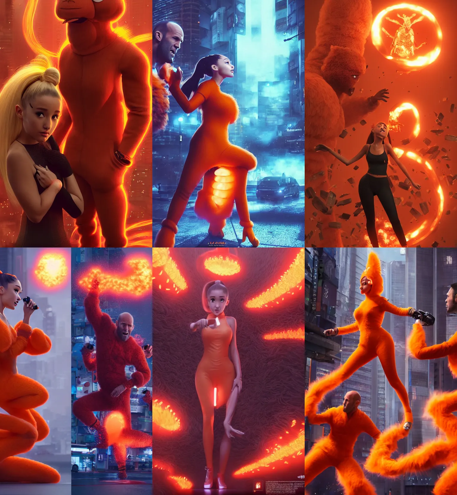 Prompt: ultrarealistic giant ariana grande wearing orange monster chicken suit vs jason statham in tokyo by yusuke murata, explosions, octane render, character concept art, movie action still frame, cinematic lighting, volumetric lighting, extreme intricate details, artstation, dnd art, cgsociety, sharp focus, ultra wide angle, digital painting by artgerm, gerald brom, wlop