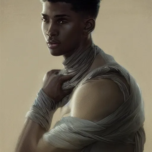 Image similar to ultra realistic illustration, young man with dark gray skin, short white hair, intricate, elegant, highly detailed, digital painting, artstation, concept art, smooth, sharp focus, illustration, art by artgerm and greg rutkowski and alphonse mucha