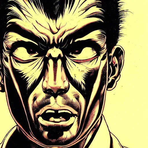 Image similar to portrait closeup of crazy yakuza man, symmetrical, by yoichi hatakenaka, masamune shirow, josan gonzales and dan mumford, ayami kojima, takato yamamoto, barclay shaw, karol bak, yukito kishiro