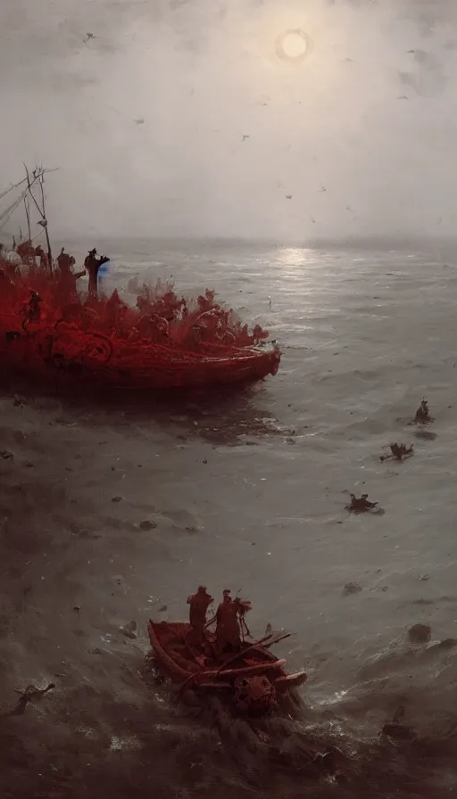 Image similar to man on boat crossing a body of water in hell with creatures in the water, sea of souls, by jakub rozalski