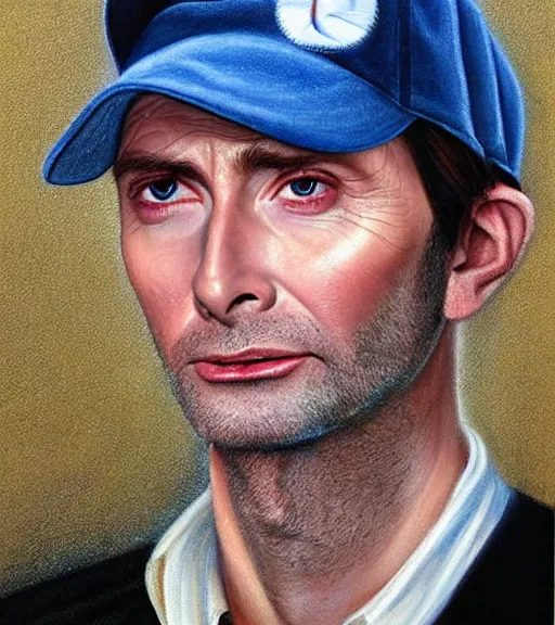 Prompt: medium shot portrait of david tennant as a golfer, white cap, beige and blue overstich, very detailed eyes, hyperrealistic, very detailed painting by Glenn Fabry, by Joao_Ruas
