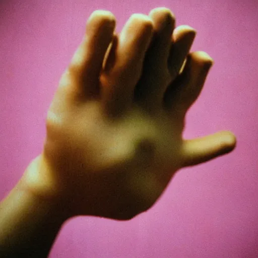 Prompt: a hand that is realistic but also has eyes and little feet at the fingertips, many fingers, it's wearing a cute little hat, old photo, expired color film, 1975