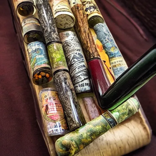 Image similar to a long smoking pipe packed with herbal blends in different makes, varying art styles, close - ups, varying angles, frames