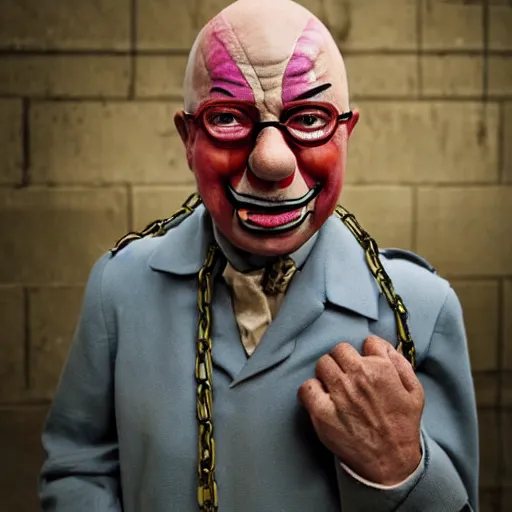 Image similar to UHD candid photo of Klaus Schwab dressed as a prisoner in a chain gang, wearing extremely accurate clown makeup, accurate face, UHD, photorealistic, correct face, photo by Annie Leibowitz