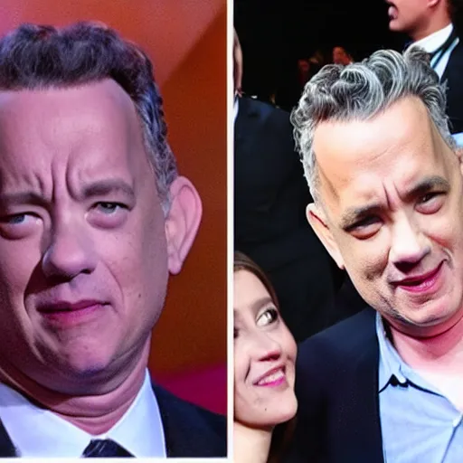 Prompt: tom hanks coquettishly blows kisses at jordan peterson