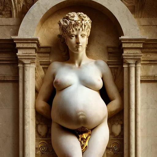 Image similar to a roman statue made of white marble with gold veins, of an beautiful pregnant woman, flowing roman dressm perfect symmetrical body, perfect symmetrical face, closed eyes, hyper realistic, hyper detailed, fujicolor superia, bokeh background, full body shot, by peter kemp, by monia merlo octane render, blender, 8 k