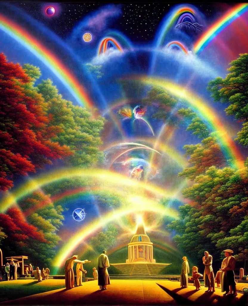 Prompt: a beautiful future for humanity, spiritual evolution, science, divinity, utopian, heaven on earth, gardens, gazebos of light, rainbows, by david a. hardy, wpa, public works mural, socialist