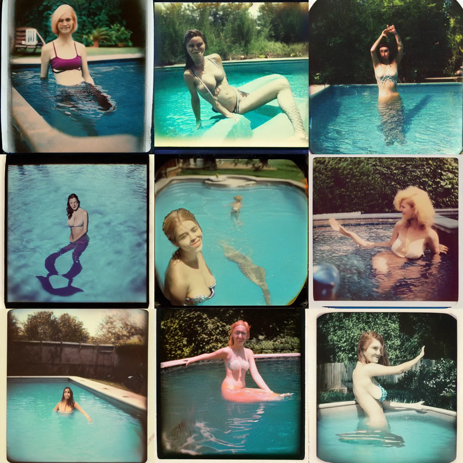 Image similar to a mermaid in pool in a backyard, slightly burn-damaged polaroid photograph, circa 1997