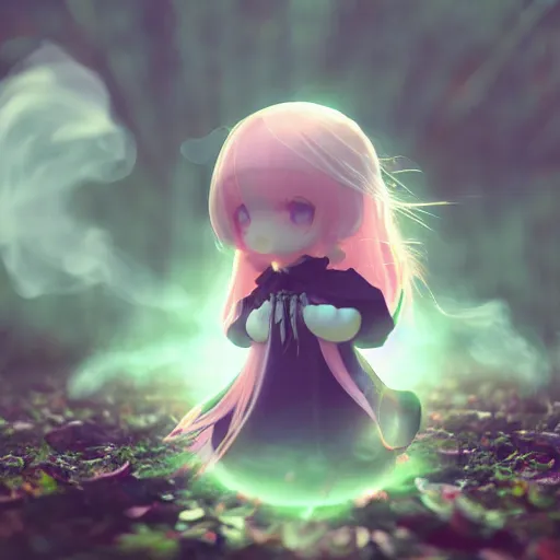 Image similar to cute fumo plush girl gazing into a crystal ball swirling with strange energy, smoke and volumetric fog, witch girl, soothsayer, lens flare glow, chibi anime, vray