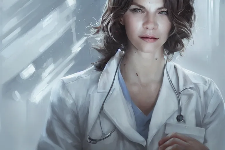 Prompt: a poster of emergency room, an elegant and beautiful female doctor in a white coat, cinematic, highly detailed, digital painting, artstation, concept art, matte, sharp focus, illustration, industrial light, art by artgerm and greg rutkowski