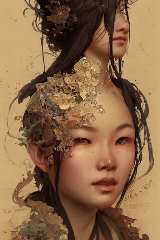 Image similar to A full portrait of a beautiful post apocalyptic Chinese explorer, intricate, elegant, highly detailed, digital painting, artstation, concept art, smooth, sharp focus, illustration, art by Krenz Cushart and Artem Demura and alphonse mucha