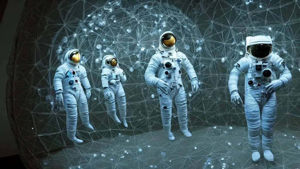 Image similar to a single astronaut eva suit made of diamond 3d fractal lace iridescent bubble 3d skin and covered with insectoid compound eye camera lenses floats through the living room, film still from the movie directed by Denis Villeneuve with art direction by Salvador Dalí, wide lens,