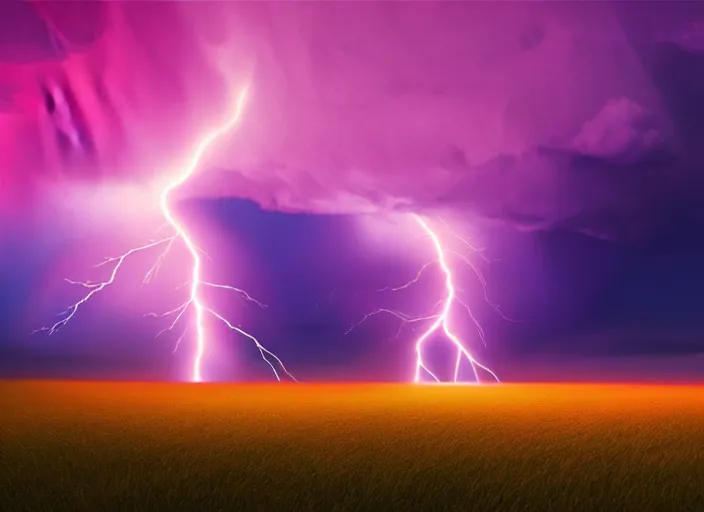 Image similar to lightning strikes a house in a field, epic red - orange aurora, perfect lightning, illustration by niko delort, 4 k, ultra realistic