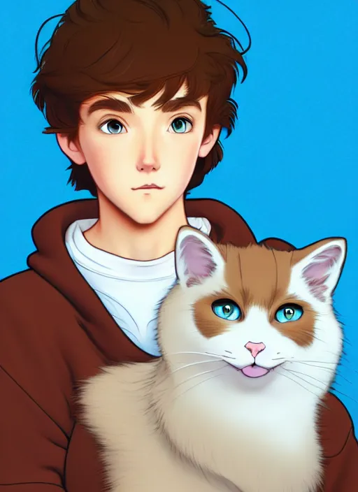 Prompt: teen boy with brown hair and big blue eyes, wearing a hoodie, fluffy white cat, natural lighting, path traced, highly detailed, high quality, cartoon, digital painting, by don bluth and ross tran and studio ghibli and alphonse mucha