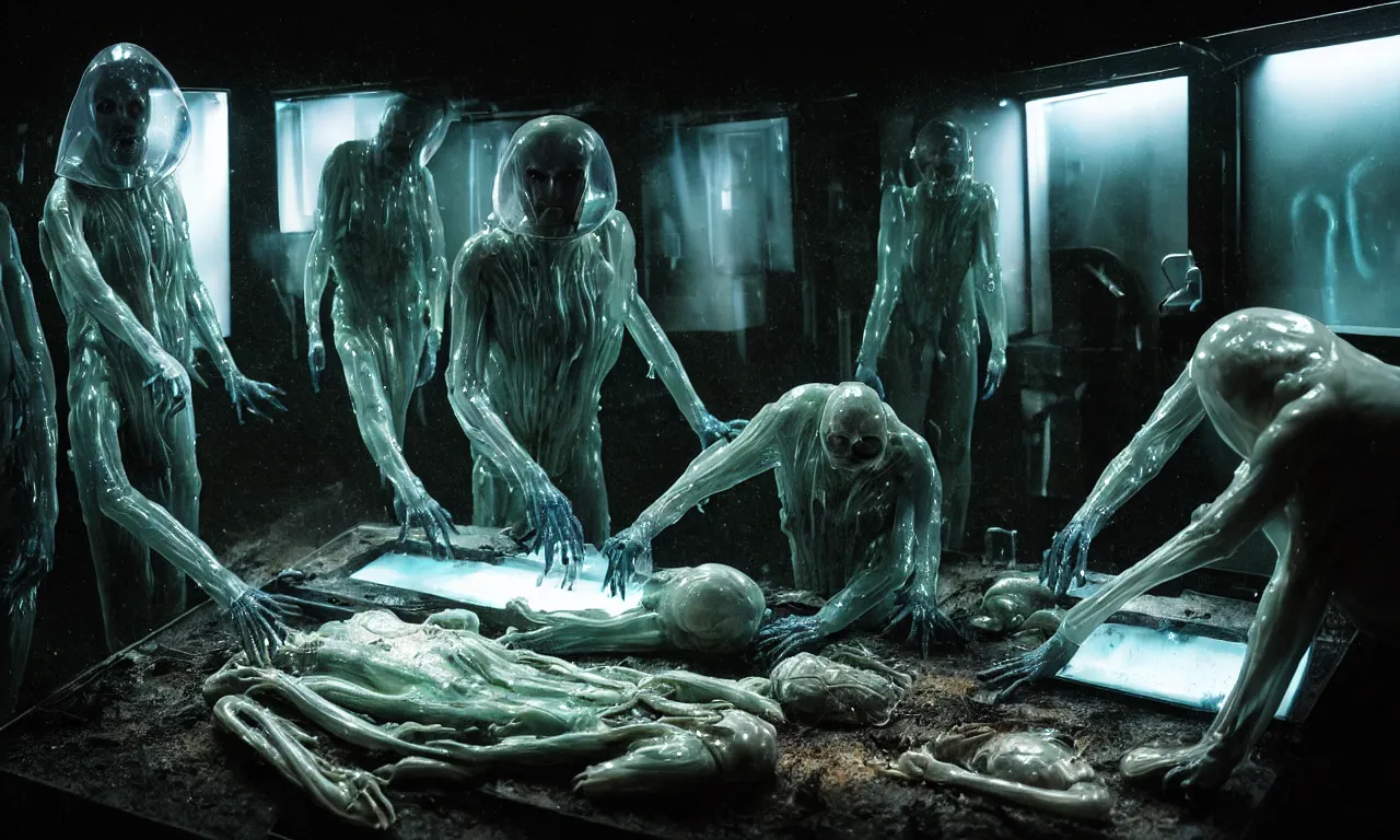 Prompt: wet translucent gills aliens doing autopsy of humanoid, in dark spaceship laboratory, advanced tools, dramatic shadows cast on dirty ground, showcases full of embryos, soft smoke, volumetric lighting, subsurface scattering, dramatic lighting, high detail, from new scifi by digital domain and weta digital, strong ambient occlusion, superdetail, matrix movie color grading