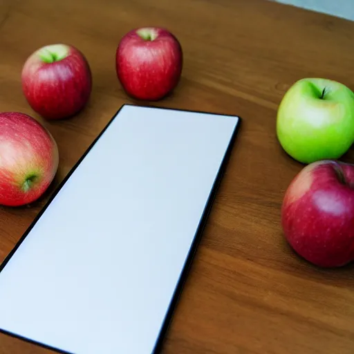 Image similar to a tablet in the shape of an apple with white accents designed by apple