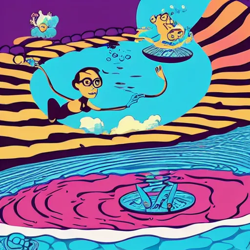 Image similar to colorful pixar, mcbess illustration, a portal to another world, opened in the middle of a swimming pool