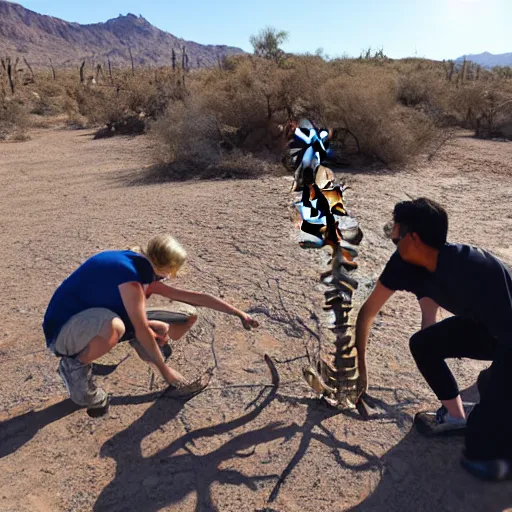 Image similar to Humans finding a skeleton of an unknown species at the desert