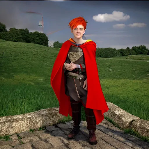 Image similar to teenage boy with fire - red hair, mischievous expression, bright green eyes, green cloak, holding a lute, small medieval village in the background, hyperrealism, octane render, 8 k,