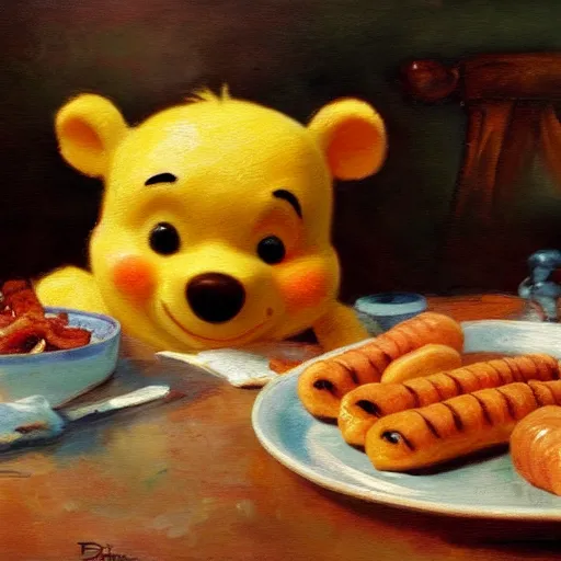 Image similar to close up of winnie the pooh with a plate of sausages and bacon, cinematographic shot, by daniel f. gerhartz