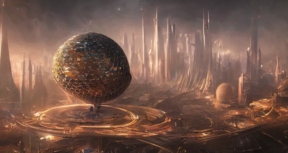 Prompt: The Futuristic Faberge Egg City by Greg Rutkowski, astronauts, magical glow, inspired by Stephan Martiniere and O'Neill Cylinder, fantasy, digital art, professional illustration, realistic, ultra detailed, atmospheric, cinematic lighting, movie concept art, hyper detailed, insanely detailed, corona render, octane render, colorful redshift render, 8k