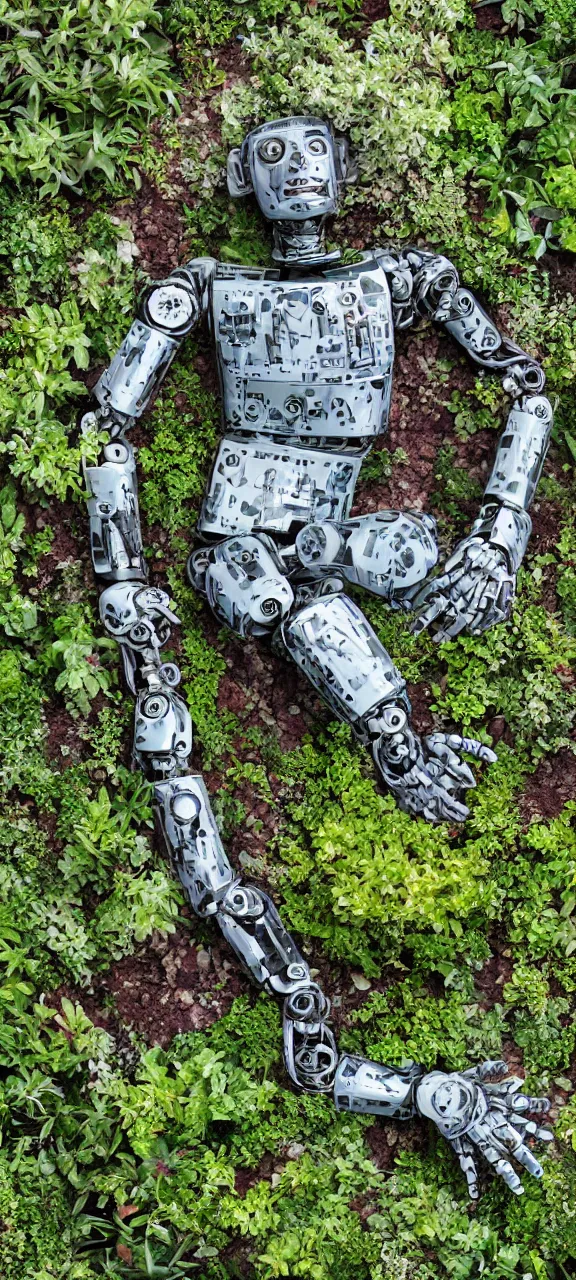 Image similar to robot body degraded and filled with plants, stunning, 4 k, detailed,