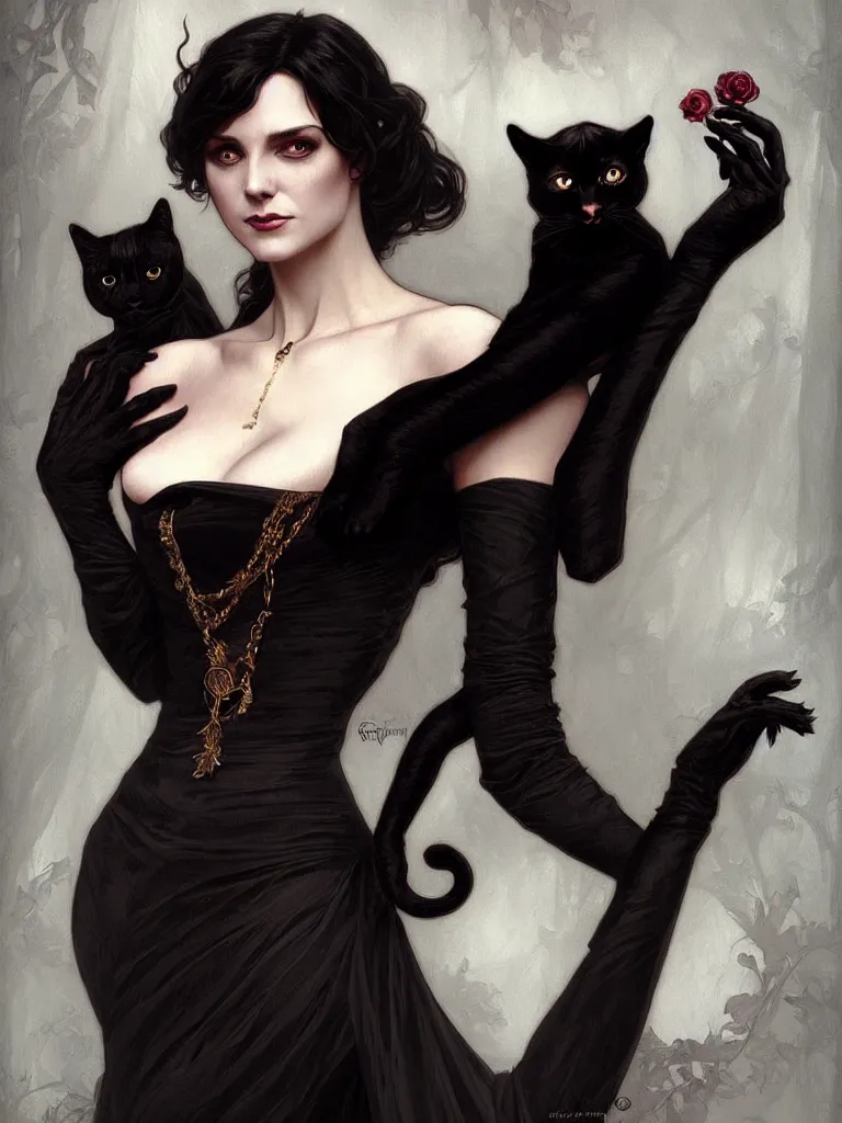 Image similar to an elegant single victorian vampire holding lovingly a black cat on her arms, portrait, intricate, elegant, highly detailed, digital painting, artstation, concept art, rough, sharp focus, illustration, art by artgerm and greg rutkowski and alphonse mucha and cris ortega and serge birault