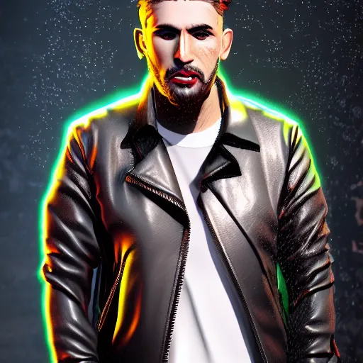 Prompt: leather jacket, cartoon portrait made out of rain, exhaling smoke, realistic, highly detailed, splashes of neon, rendered in octane, unreal engine, beautiful, trending on artstation