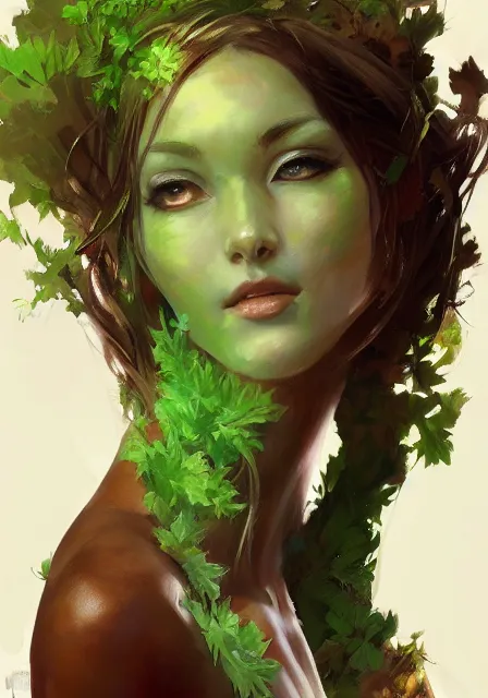 Image similar to greg manchess a realistic anime portrait of a beautiful dryad with glowing green eyes and tree bark skin wearing clothes made of leaves, digital painting, by stanley artgerm lau, sakimichan, wlop and rossdraws, digtial painting, trending on artstation