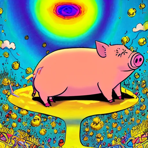 Prompt: trippy comic art of a pig wearing a gold crown sleeping on a rainbow in the sky with white clouds, drawn by Martin Rowson, Tim Burton, Studio Ghibli, Alex Pardee, Nekro Petros Afshar, James McDermott, colors by lisa frank, unstirred paint, vivid color, cgsociety 4K