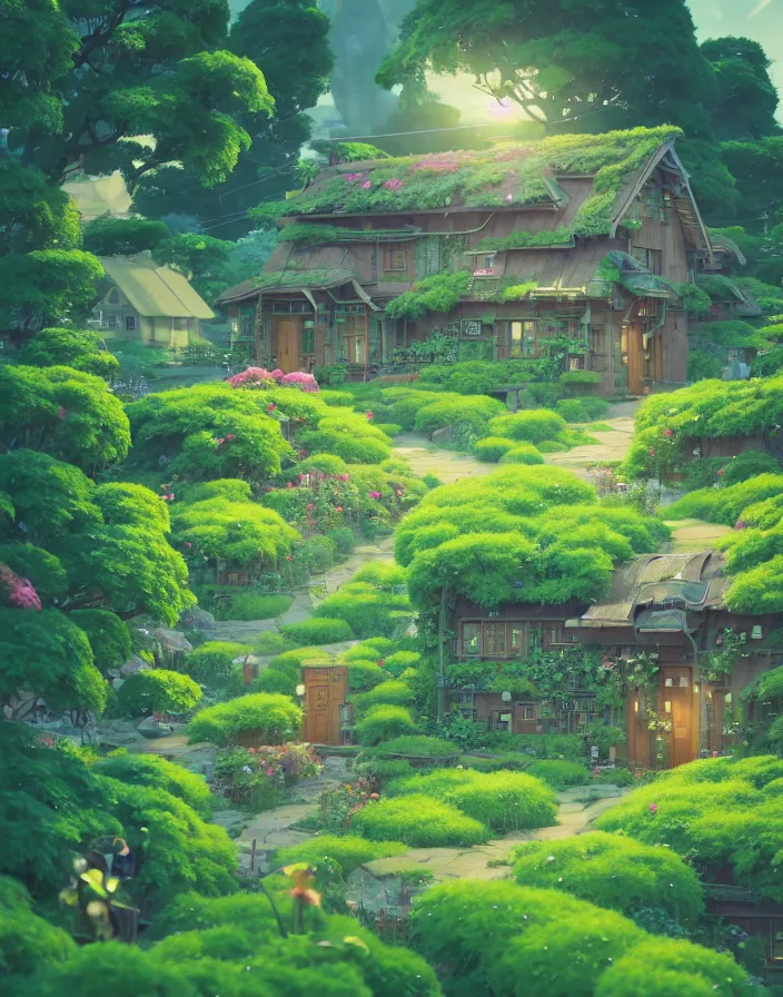 STUDIO GHIBLI, flowery cottage, solarpunk, green | Stable Diffusion