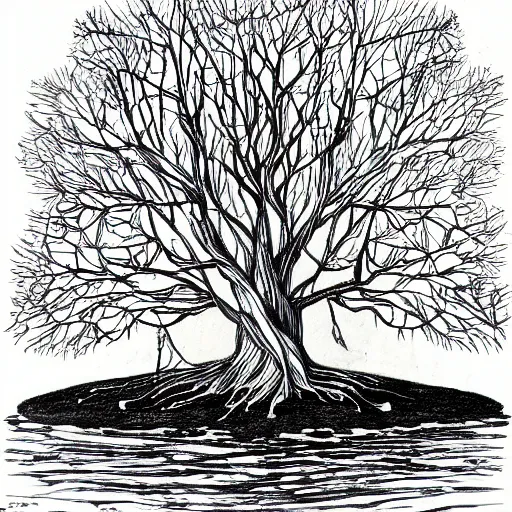 Prompt: a drawing of a tree with its roots in the water, an illustration of by alasdair gray, complex reflections, featured on deviantart, ecological art, photoillustration, fractalism, storybook illustration