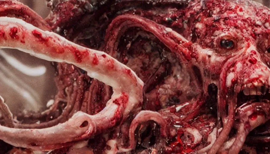 Image similar to Big budget horror movie, a squid bloodily rips out a cyborg's intestines