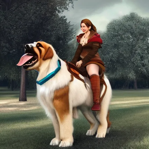 Image similar to girl riding a giant saint Bernard in the park, trending on artstation